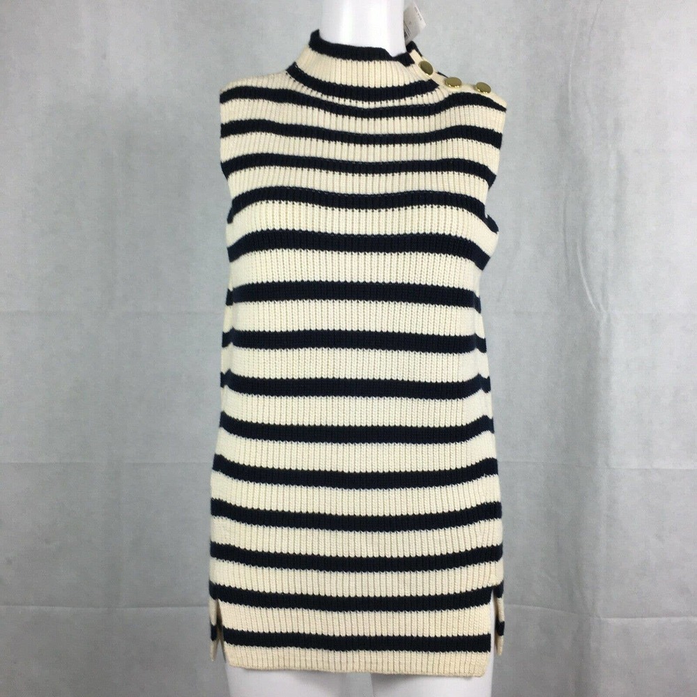 NWT Loft Sweater Womens Sz S Navy Ivory Cotton Wool Striped Sleeveless Tunic